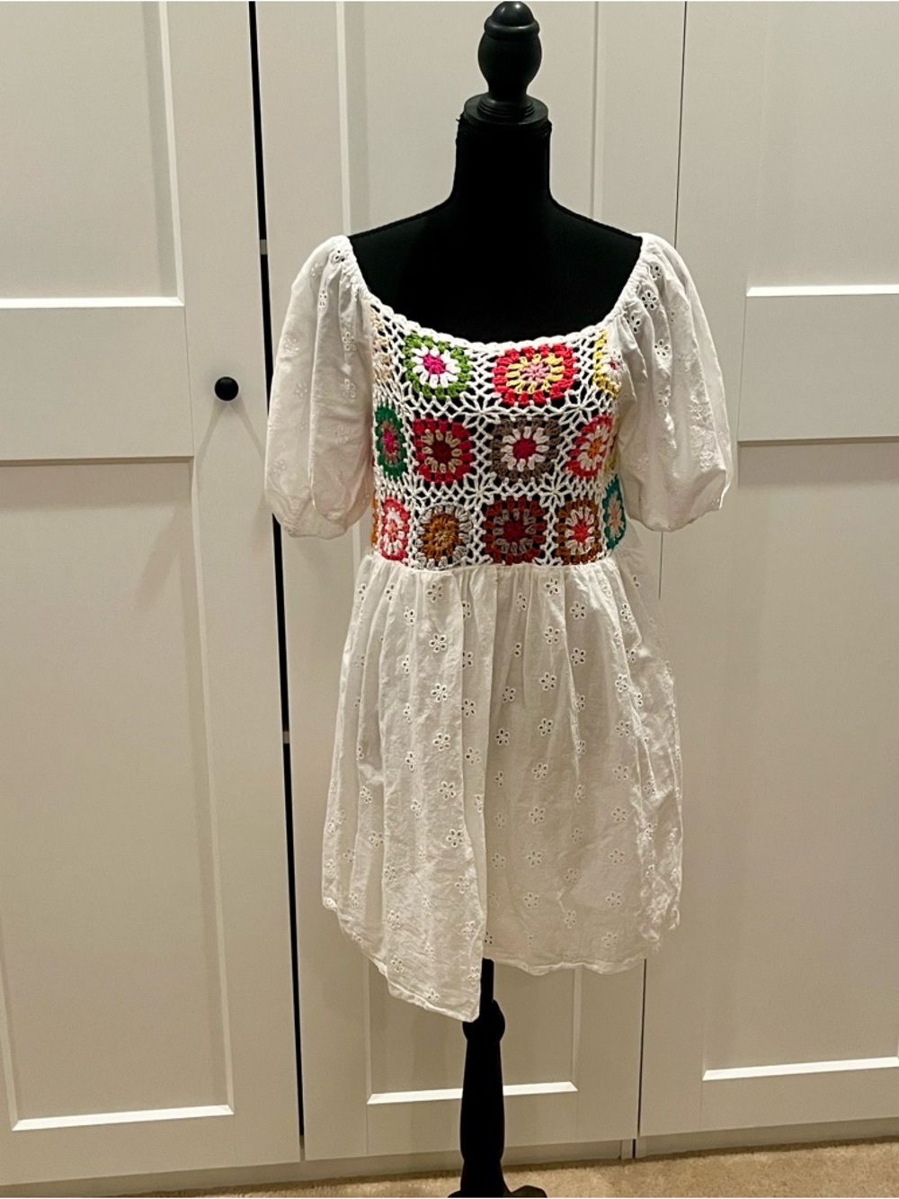 ILLA ILLA Lightweight White Cotton Dress with Colorful Crocheted Bodice size S/M